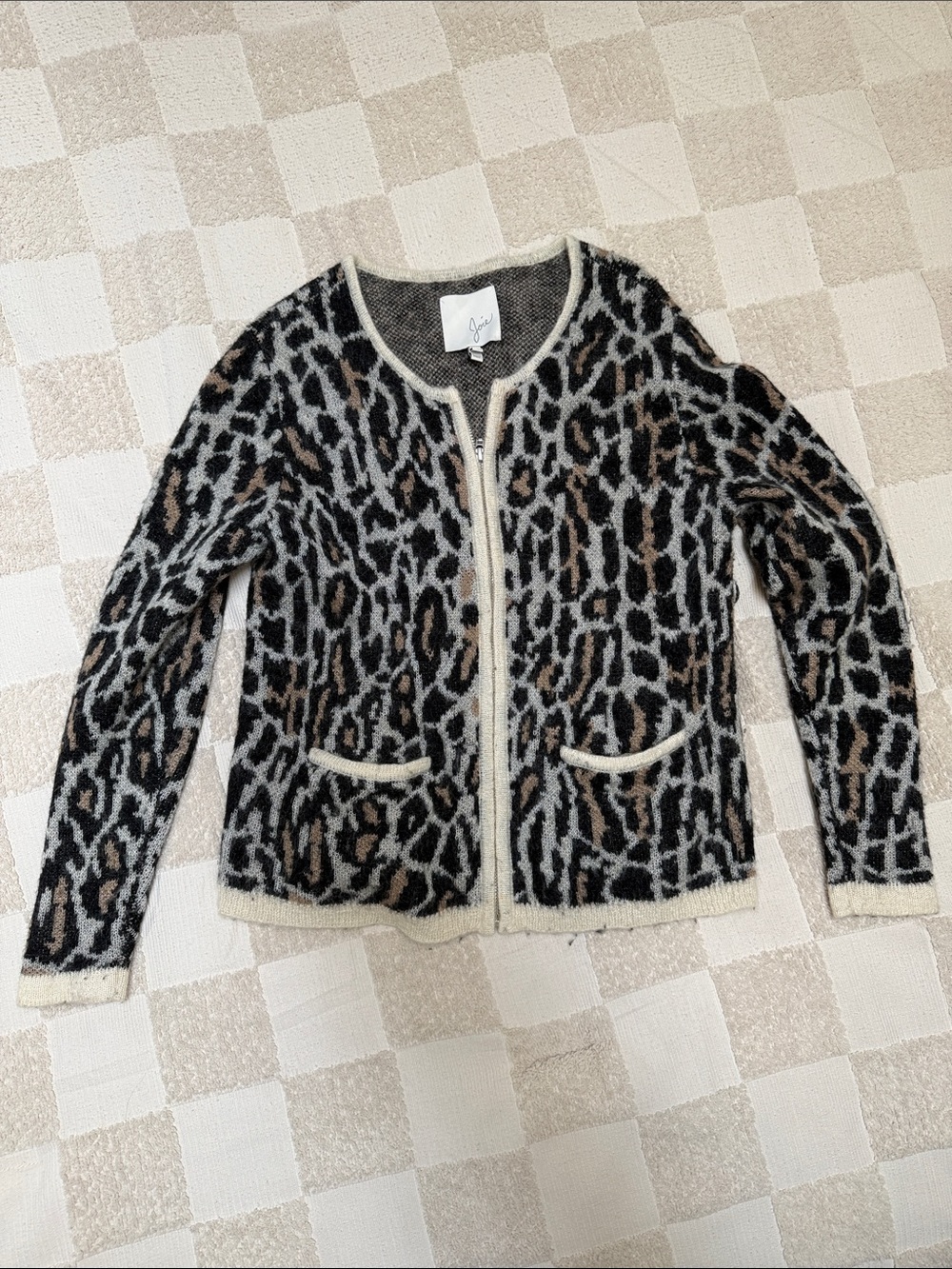 Joie Leopard Print Cardigan with Contrast Trim and zipper